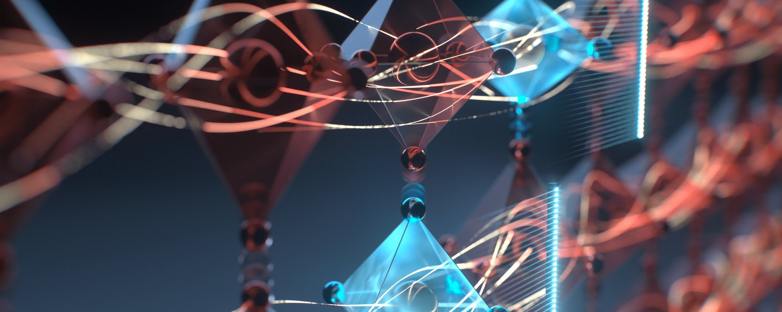Artwork of a crystal lattice of octahedra threaded by light.